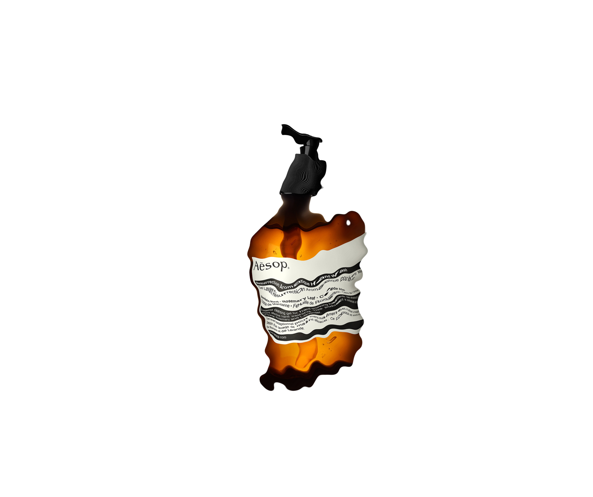 An amber colored plastic soap bottle distorted and wavy.